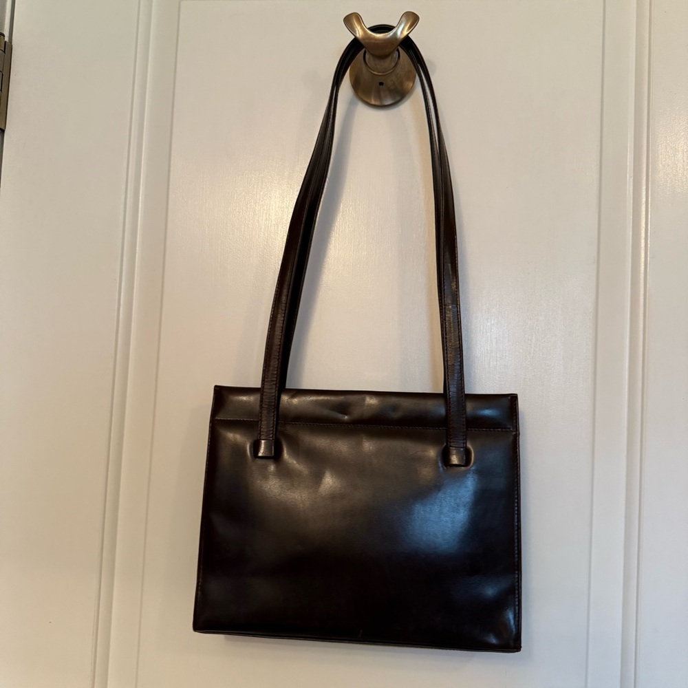 LAMBERTSON TRUEX SHOULDER BAG BROWN LEATHER 2 STRAP GOLD LEVER CLOSE - Picture 3 of 12